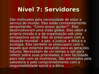 Nível 7: Servidores
São motivados pela necessidade de estar a
serviço do mundo. Eles estão constantemente
perguntando, "Como posso ajudar?". Eles
desenvolveram uma visão global. Eles vêem a
própria missão e a da organização sob uma
perspectiva social. Eles se preocupam com a
situação mundial - a paz, a justiça, a ética e a
ecologia. Eles também se preocupam com o
legado que estamos deixando para as gerações
futuras. Necessitam de um tempo a sós para
refletir sobre suas prioridades, e tem facilidade
para lidar com as incertezas. São admirados pela
sabedoria e pelo comprometimento com a
responsabilidade social e a ética.
 