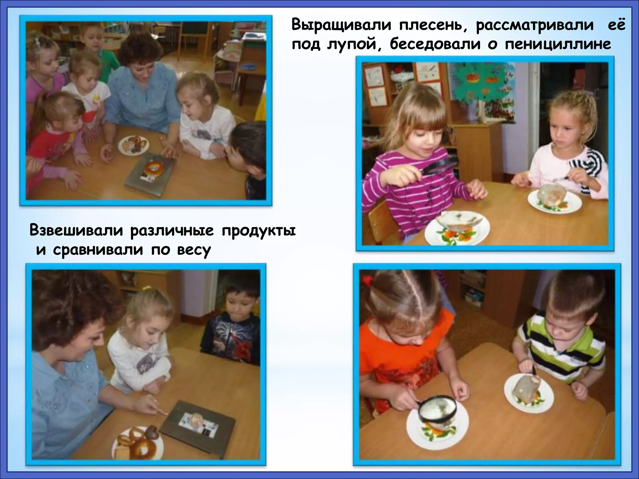 Выращивали плесень, рассматривали её 
под лупой, беседовали о пенициллине 
Взвешивали различные продукты 
и сравнивали по весу 
 