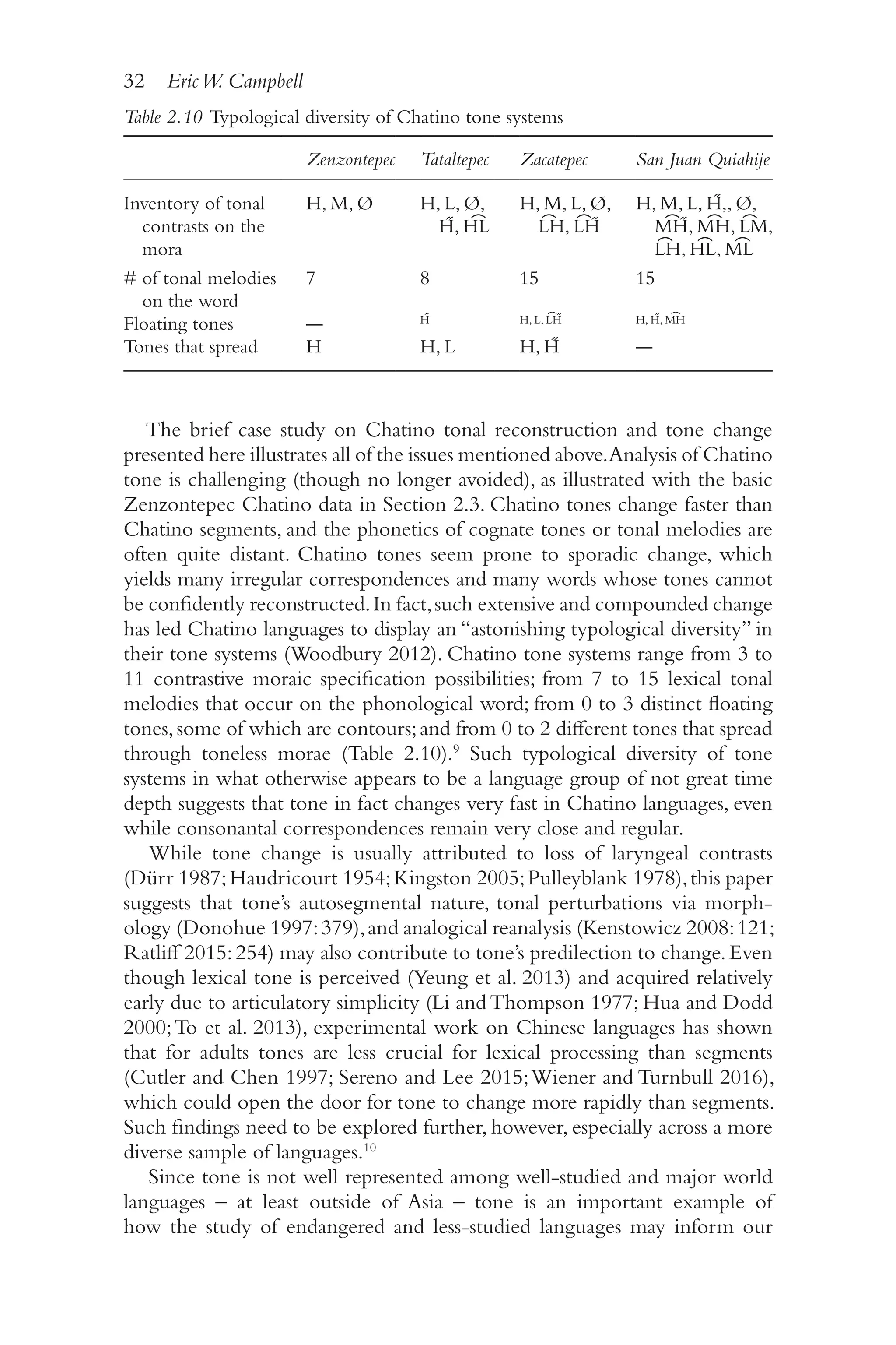 32 EricW. Campbell
3
2
The brief case study on Chatino tonal reconstruction and tone change
presented here illustrates all of the issues mentioned above.Analysis of Chatino
tone is challenging (though no longer avoided), as illustrated with the basic
Zenzontepec Chatino data in Section 2.3. Chatino tones change faster than
Chatino segments, and the phonetics of cognate tones or tonal melodies are
often quite distant. Chatino tones seem prone to sporadic change, which
yields many irregular correspondences and many words whose tones cannot
be confidently reconstructed.In fact,such extensive and compounded change
has led Chatino languages to display an “astonishing typological diversity” in
their tone systems (Woodbury 2012). Chatino tone systems range from 3 to
11 contrastive moraic specification possibilities; from 7 to 15 lexical tonal
melodies that occur on the phonological word; from 0 to 3 distinct floating
tones,some of which are contours;and from 0 to 2 different tones that spread
through toneless morae (Table 2.10).9
Such typological diversity of tone
systems in what otherwise appears to be a language group of not great time
depth suggests that tone in fact changes very fast in Chatino languages, even
while consonantal correspondences remain very close and regular.
While tone change is usually attributed to loss of laryngeal contrasts
(Dürr 1987;Haudricourt 1954;Kingston 2005;Pulleyblank 1978),this paper
suggests that tone’s autosegmental nature, tonal perturbations via morph-
ology (Donohue 1997:379),and analogical reanalysis (Kenstowicz 2008:121;
Ratliff 2015:254) may also contribute to tone’s predilection to change.Even
though lexical tone is perceived (Yeung et al. 2013) and acquired relatively
early due to articulatory simplicity (Li and Thompson 1977; Hua and Dodd
2000;To et al. 2013), experimental work on Chinese languages has shown
that for adults tones are less crucial for lexical processing than segments
(Cutler and Chen 1997; Sereno and Lee 2015;Wiener and Turnbull 2016),
which could open the door for tone to change more rapidly than segments.
Such findings need to be explored further, however, especially across a more
diverse sample of languages.10
Since tone is not well represented among well-​
studied and major world
languages –​at least outside of Asia –​tone is an important example of
how the study of endangered and less-​
studied languages may inform our
Table 2.10 
Typological diversity of Chatino tone systems
Zenzontepec Tataltepec Zacatepec San Juan Quiahije
Inventory of tonal
contrasts on the
mora
H, M, Ø H, L, Ø,
H̋, H͡L
H, M, L, Ø,
L͡H, L͡H̋
H, M, L, H̋,, Ø,
M͡H̋, M͡H, L͡M,
L͡H, H͡L, M͡L
# of tonal melodies
on the word
7 8 15 15
Floating tones ― H̋ H, L, L͡H̋ H, H̋, M͡H
Tones that spread H H, L H, H̋ ―
 