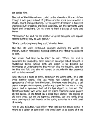 sat beside him.
The hair of the little old man curled on his shoulders, like a child's—
though it was grey instead of golden—and his eyes were also like a
child's, bright and questioning. He was primly dressed in a flowered
waistcoat buff breeches and blue stockings, but the garments were
faded and threadbare. On his knee he held a basket of roots and
leaves.
"Meditation," he said, "is the mother of great thoughts, and repose
fosters them till they be well-grown."
"That's comforting to my lazy soul," drawled Peter.
The thin old voice continued, carefully choosing the words as
though, even in meditation, nothing slipshod or ill-fitting was allowed
to pass.
"We should find time to be idle," he said. "When the soul is
possessed by tranquillity, there enters in an angel called thought—a
mysterious being, whose birth and origin is far beyond our
knowledge or understanding. But we can give her housing, care for
her like kind folk, and she will reward us abundantly. Her presence
with us is her reward."
Peter chewed a blade of grass, basking in the warm light. For a little
while neither spoke. The last week had shaken off all the
appearance of winter from the forest. The trees were budding, a tall
poplar rose purple as a plum, yonder a group of larches were turning
green, and a sycamore had all its tips dipped in crimson. The
blackthorn thicket was white, and the lesser celandines were golden
on the banks. In the forest lay a deep blue silence—the silence of
old wise trees, but on the topmost branches, gay and giddy birds
were pouring out their hearts to the spring sunshine in a wild burst
of melody.
"It's all very beautiful," said Peter; "that light on the beech-stems—it
might be a splash of pure gold. The trees seem to be aware of it too
 