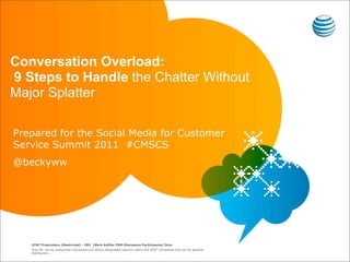 Conversation Overload:
9 Steps to Handle the Chatter Without
Major Splatter

Prepared for the Social Media for Customer
Service Summit 2011 #CMSCS
@beckyww




   AT&T Proprietary (Restricted) - SR3 (Mark Keiffer FMO Discussion Participants) Only.
   Only for use by authorized individuals and above-designated team(s) within the AT&T companies and not for general
   distribution.
 