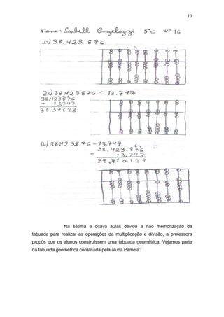 10
Na sétima e oitava aulas devido a não memorização da
tabuada para realizar as operações da multiplicação e divisão, a professora
propôs que os alunos construíssem uma tabuada geométrica. Vejamos parte
da tabuada geométrica construída pela aluna Pamela:
 