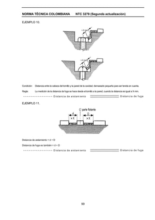 NORMA TÉCNICA COLOMBIANA NTC 3278 (Segunda actualización)
99
EJEMPLO 10.
Condición: Distancia entre la cabeza del tornillo y la pared de la cavidad, demasiado pequeña para ser tenida en cuenta.
Regla: La medición de la distancia de fuga se hace desde el tornillo a la pared, cuando la distancia es igual a X mm.
D istancia de aislam iento D istancia de fuga
EJEMPLO 11.
Distancia de aislamiento = d + D
Distancia de fuga es también = d + D
D istancia de aislam iento D istancia de fuga
 