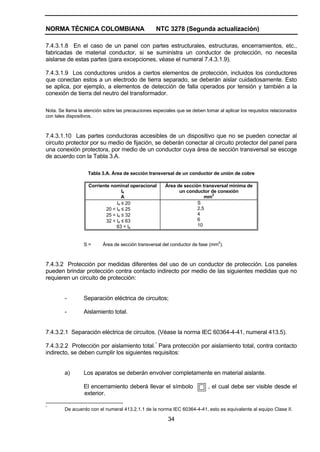 NORMA TÉCNICA COLOMBIANA NTC 3278 (Segunda actualización)
34
7.4.3.1.8 En el caso de un panel con partes estructurales, estructuras, encerramientos, etc.,
fabricadas de material conductor, si se suministra un conductor de protección, no necesita
aislarse de estas partes (para excepciones, véase el numeral 7.4.3.1.9).
7.4.3.1.9 Los conductores unidos a ciertos elementos de protección, incluidos los conductores
que conectan estos a un electrodo de tierra separado, se deberán aislar cuidadosamente. Esto
se aplica, por ejemplo, a elementos de detección de falla operados por tensión y también a la
conexión de tierra del neutro del transformador.
Nota. Se llama la atención sobre las precauciones especiales que se deben tomar al aplicar los requisitos relacionados
con tales dispositivos.
7.4.3.1.10 Las partes conductoras accesibles de un dispositivo que no se pueden conectar al
circuito protector por su medio de fijación, se deberán conectar al circuito protector del panel para
una conexión protectora, por medio de un conductor cuya área de sección transversal se escoge
de acuerdo con la Tabla 3.A.
Tabla 3.A. Área de sección transversal de un conductor de unión de cobre
Corriente nominal operacional
Ie
A
Área de sección transversal mínima de
un conductor de conexión
mm
2
Ie ≤ 20
20 < Ie ≤ 25
25 < Ie ≤ 32
32 < Ie ≤ 63
63 < Ie
S
2,5
4
6
10
S = Área de sección transversal del conductor de fase (mm
2
).
7.4.3.2 Protección por medidas diferentes del uso de un conductor de protección. Los paneles
pueden brindar protección contra contacto indirecto por medio de las siguientes medidas que no
requieren un circuito de protección:
- Separación eléctrica de circuitos;
- Aislamiento total.
7.4.3.2.1 Separación eléctrica de circuitos. (Véase la norma IEC 60364-4-41, numeral 413.5).
7.4.3.2.2 Protección por aislamiento total.*
Para protección por aislamiento total, contra contacto
indirecto, se deben cumplir los siguientes requisitos:
a) Los aparatos se deberán envolver completamente en material aislante.
El encerramiento deberá llevar el símbolo , el cual debe ser visible desde el
exterior.
*
De acuerdo con el numeral 413.2.1.1 de la norma IEC 60364-4-41, esto es equivalente al equipo Clase II.
 