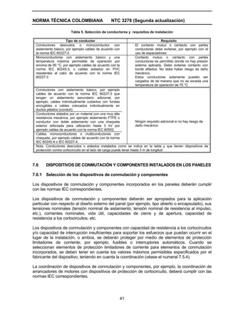 NORMA TÉCNICA COLOMBIANA NTC 3278 (Segunda actualización)
41
Tabla 5. Selección de conductores y requisitos de instalación
Tipo de conductor Requisito
Conductores desnudos o monoconductor con
aislamiento básico, por ejemplo cables de acuerdo con
la norma IEC 60227-3
El contacto mutuo o cantacto con partes
conductoras debe evitarse, por ejemplo con el
uso de espaciadores
Monoconductores con aislamiento básico y una
temperatura máxima permisible de operación por
encima de 90 °C, por ejemplo cables de acuerdo con la
norma IEC 60245-3, o cables aislados en PVC
resistentes al calor de acuerdo con la norma IEC
60227-3
Contacto mutuo o cantacto con partes
conductoras es permitido donde no hay presión
externa aplicada. Debe evitarse contacto con
borde afilados. No debe haber riesgo de daño
mecánico.
Estos conductores solamente pueden ser
cargados de tal manera que no se exceda una
temperatura de operación de 70 °C
Conductores con aislamiento básico, por ejemplo
cables de acuerdo con la norma IEC 60227-3 que
tengan un aislamiento secundario adicional, por
ejemplo, cables individualmente cubiertos con fundas
encogibles o cables colocados individualmente en
ductos plástico (conduit).
Conductores aislados por un material con una muy alta
resistencia mecánica, por ejemplo aislamiento FTFE o
conductor con doble aislamiento con una chaqueta
exterior reforzada para utilización hasta 3 kV por
ejemplo cables de acuerdo con la norma IEC 60502.
Cables monoconductores o multiconductores con
chaqueta, por ejemplo cables de acuerdo con la norma
IEC 60245-4 o IEC 60227-4.
Ningún requisito adicional si no hay riesgo de
daño mecánico
Nota. Conductores desnudos o aislados instalados como se indica en la tabla y que tienen dispositivos de
protección contra cortocircuito en el lado de carga puede tener hasta 3 m de longitud
7.6 DISPOSITIVOS DE CONMUTACIÓN Y COMPONENTES INSTALADOS EN LOS PANELES
7.6.1 Selección de los dispositivos de conmutación y componentes
Los dispositivos de conmutación y componentes incorporados en los paneles deberán cumplir
con las normas IEC correspondientes.
Los dispositivos de conmutación y componentes deberán ser apropiados para la aplicación
particular con respecto al diseño externo del panel (por ejemplo, tipo abierto o encapsulado), sus
tensiones nominales (tensión nominal de aislamiento, tensión nominal de resistencia al impulso,
etc.), corrientes nominales, vida útil, capacidades de cierre y de apertura, capacidad de
resistencia a los cortocircuitos, etc.
Los dispositivos de conmutación y componentes con capacidad de resistencia a los cortocircuitos
y/o capacidad de interrupción insuficientes para soportar los esfuerzos que puedan ocurrir en el
lugar de la instalación, o ambos, se deberán proteger por medio de elementos de protección
limitadores de corriente; por ejemplo, fusibles o interruptores automáticos. Cuando se
seleccionan elementos de protección limitadores de corriente para elementos de conmutación
incorporados, se deben tener en cuenta los valores máximos permisibles especificados por el
fabricante del dispositivo, teniendo en cuenta la coordinación (véase el numeral 7.5.4).
La coordinación de dispositivos de conmutación y componentes, por ejemplo, la coordinación de
arrancadores de motores con dispositivos de protección de cortocircuito, deberá cumplir con las
normas IEC correspondientes.
 