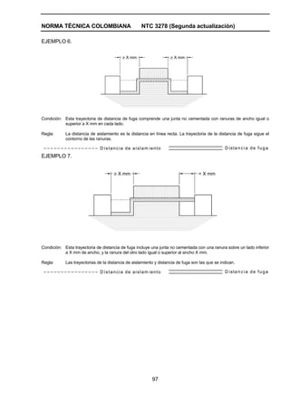 NORMA TÉCNICA COLOMBIANA NTC 3278 (Segunda actualización)
97
EJEMPLO 6.
> X mm > X mm
Condición: Esta trayectoria de distancia de fuga comprende una junta no cementada con ranuras de ancho igual o
superior a X mm en cada lado.
Regla: La distancia de aislamiento es la distancia en línea recta. La trayectoria de la distancia de fuga sigue el
contorno de las ranuras.
D istancia de aislam iento D istancia de fuga
EJEMPLO 7.
> X mm < X mm
Condición: Esta trayectoria de distancia de fuga incluye una junta no cementada con una ranura sobre un lado inferior
a X mm de ancho, y la ranura del otro lado igual o superior al ancho X mm.
Regla: Las trayectorias de la distancia de aislamiento y distancia de fuga son las que se indican.
D istancia de aislam iento D istancia de fuga
 