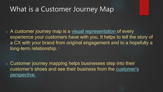 What is a Customer Journey Map
o A customer journey map is a visual representation of every
experience your customers have with you. It helps to tell the story of
a CX with your brand from original engagement and to a hopefully a
long-term relationship. 1
o Customer journey mapping helps businesses step into their
customer’s shoes and see their business from the customer's
perspective.
 