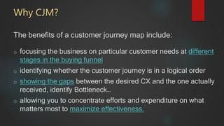 Why CJM?
The benefits of a customer journey map include:
o focusing the business on particular customer needs at different
stages in the buying funnel
o identifying whether the customer journey is in a logical order
o showing the gaps between the desired CX and the one actually
received, identify Bottleneck…
o allowing you to concentrate efforts and expenditure on what
matters most to maximize effectiveness.
 