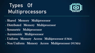 Types Of
Multiprocessors
 Shared Memory Multiprocessor
 Distributed Memory Multiprocessor
 Symmetric Multiprocessor
 Asymmetric Multiprocessor
 Uniform Memory Access Multiprocessor (UMA)
 Non Uniform Memory Access Multiprocessor (NUMA)
 