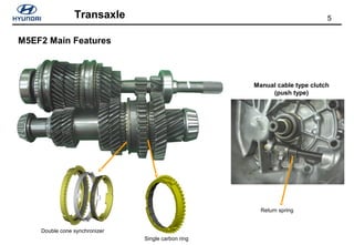 5Transaxle
Single carbon ring
M5EF2 Main Features
Double cone synchronizer
Return spring
Manual cable type clutch
(push type)
 