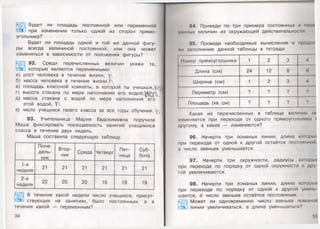 Будет ли площадь постоянной или переменной
при изменении только одной из сторон’ прямо­
угольника?
Будет ли площадь одной и той же данной фигу­
ры всегда величиной постоянной, или она может
изменяться в зависимости от положения фигуры?
92. Среди перечисленных величин укажи те,
которые являются переменными:
а) рост человека в течение жизни, у
б) масса человека в течение жизни, Г
в) площадь классной комнаты, в которой ты учишься,
г) высота стакана по мере наполнения его водой,ЖУх4
д) масса стакана с водой по мере наполнения его
этой водой,
е) число учащихся твоего класса за все годы обучения.   |
93. Учительница Мария Евдокимовна поручила
Маше фиксировать посещаемость занятий учащимися
класса в течение двух недель.
Маша составила следующую таблицу.
Поне­
дель­
ник
Втор­
ник
Среда Четверг
Пят­
ница
Суб­
бота
1-я
неделя
21 21
1?]ь'Ы
21 21 21 21
2-я
неделя
22 20 20 18 19 19
В течение какой недели число учащихся, присут­
ствующих на занятиях, было постоянным, а в
течение какой — переменным?
34
94. Приведи по три примера постоянных и пе
минных величин из окружающей действительности
95. Проведи необходимые вычисления и продол
+н шполнейие данной таблицы в тетради.
Номер прямоугольника 1 2 3 4
Длина (см) 24 12 8 6
Ширина (см) 1 2 3 4
Периметр (см) ? ? ? ?
Площадь (кв. см) ? ? ? ?
Какая из перечисленных в таблице величин н<
изменяется при переходе от одного прямоугольник! I
другому, а какие — изменяются?
96. Начерти три ломаных линии, длинакоторых
при переходе от одной к другой остаётся постоянной,
а число звеньев уменьшается.
97. Начерти три окружности, радиусы которых
при переходе по порядку от одной окружности к дру
гой увеличиваются.
98. Начерти три ломаных линии, длинакоторых
при переходе по порядку от одной к другой умпнп
шается, а( число звеньев остаётся постоянным.
Может ли одновременно число звеньев ломаной
линии увеличиваться, а длина уменьшаться?
35
 