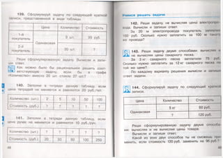 Количество Стоимость
1-й
покупатель
Одинаковая
покупатель
Реши сформулированную задачу. Вычисли и запи­
ши ответ.
Как можно было бы рациональнее решить соот-
* д ] ветствующую задачу, если бы в графе
«Количество» вместо 20 шт. стояло 27 шт.?
140. Заполни в тетради данную таблицу, если
цена тетрадей не меняется и равняется 20 руб./тет.
Количество (шт.)
Стоимость (руб.)
141. Заполни в тетради данную таблицу, если
цена ручек не меняется и равняется 10 руб./руч.
Количество (шт.)
Стоимость (руб.)
139. Сформулируй задачу по следующей краткой
записи, представленной в виде таблицы.
48
Учимся решать задачи
142. Реши задачу, не вычисляя цены электропро
вода. Вычисли и запиши ответ.
За 20 м электропровода покупатель заплатил
160 руб. Сколько нужно заплатить за 100 м такою
же провода?
143. Реши задачу двумя способами: вычисляя и
у не вычисляя цены сахарного песка.
За 3 кг сахарного песка заплатили 75 руб
Сколько нужно заплатить за 12 кг сахарного .......
той же цене?
По каждому варианту решения вычисли и запиши
ответ задачи.
144. Сформулируй задачу по следующей кршк
Ш записи.
Цена Количество Стоимость
Одинаковая
5 кг 60 руб.
? 120 руб.
Реши сформулированную задачу двумя способа
ми: вычисляя и не вычисляя цены товара.
Вычисли и запиши ответ.
Какой из этих двух способов ты не сможешь при
менить, если стоимость 120 руб. заменить на 96 руб ?
4‘)
 