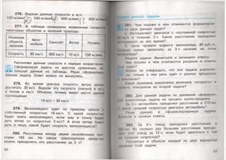 276. Вырази данные скорости в м/с.
120 м /м инр*^ 240 м/мин ^600 м/мин | ^ 300 м/м
277. В таблице приведены возможные скорое Iи
Название
объекта,
явления
Авто­
мобиль
Самолёт Ветер Пловец
Скорость 90 км/ч 900 км/ч 10 м/с 100 м/мин
Расположи данные скорости в порядке возрастания
Сформулируй задачу на кратное сравнение, ис
пользуя данные из таблицы. Реши сформулиро
ванную задачу. Ответ можно не вычислять.
278. Во время урагана скорость ветра можем
достигать 30 м/с. Вырази эту скорость сначала в м/ч.
а потом в км/ч. Объясни, почему имеет место данное
соотношение.
10 м/с = 36 км/ч
279. Велосипедист едет по прямому шоссе с
собственной скоростью 18 км/ч. С какой скоростью
будет ехать велосипедист, если ему в спину будем
дуть ветер со скоростью 5 м/с? А если ветер будем
дуть в лицо, какой будет скорость велосипедиста?
280. Расстояние между двумя населёнными пун
ктами 180 км. На каком транспортном средство
можно преодолеть это расстояние за 3 ч?
82
иать задачи
2Н1. Чем похожи и чем отличаются формулиров
Ш ' М1 двух данных задач?
Г й Мотоциклист двигался спостоянной скоростью
|0»м'| в течение 3 ч. Какое расстояние преодолел
■пщиклист за это время?
г» Цена проката водного велосипеда 80 руб./ч.
Шмп.н) нужно заплатить за 3 ч катания на этом
Цнмн нннде?
1'ишите задачи. Вычислите и запишите ответы.
Чнм похожи и чем отличаются решения и ответы
|1Ии чндач?
| Можно ли утверждать, что эти задачи аналогич
* мм, только в них речь идёт о разных процессах
И ««личинах?
Кикая величина аналогична величине «скорость» в
.»<♦«>т . описанном во второй задаче?
21)2. Для данной задачи на движение сформули-
§уи аналогичную задачу на процесс купли-продажи.
Эн Зч автомобиль преодолел расстояние в 270 км.
0 мн ой средней скоростью двигался автомобиль?
1'пши данную и сформулированную задачи.
Мм нп пи и запиши ответы.
703. За 4 ч поезд преодолел расстояние в
1НМкм Во сколько раз большее расстояние преодо-
И«мм >н)| поезд за 12 ч, если будет двигаться с той
|Н «родней скоростью?
I‘посмотри и объясни каждый из двух вариантов
(« ни мня этой задачи.
^ 83
 