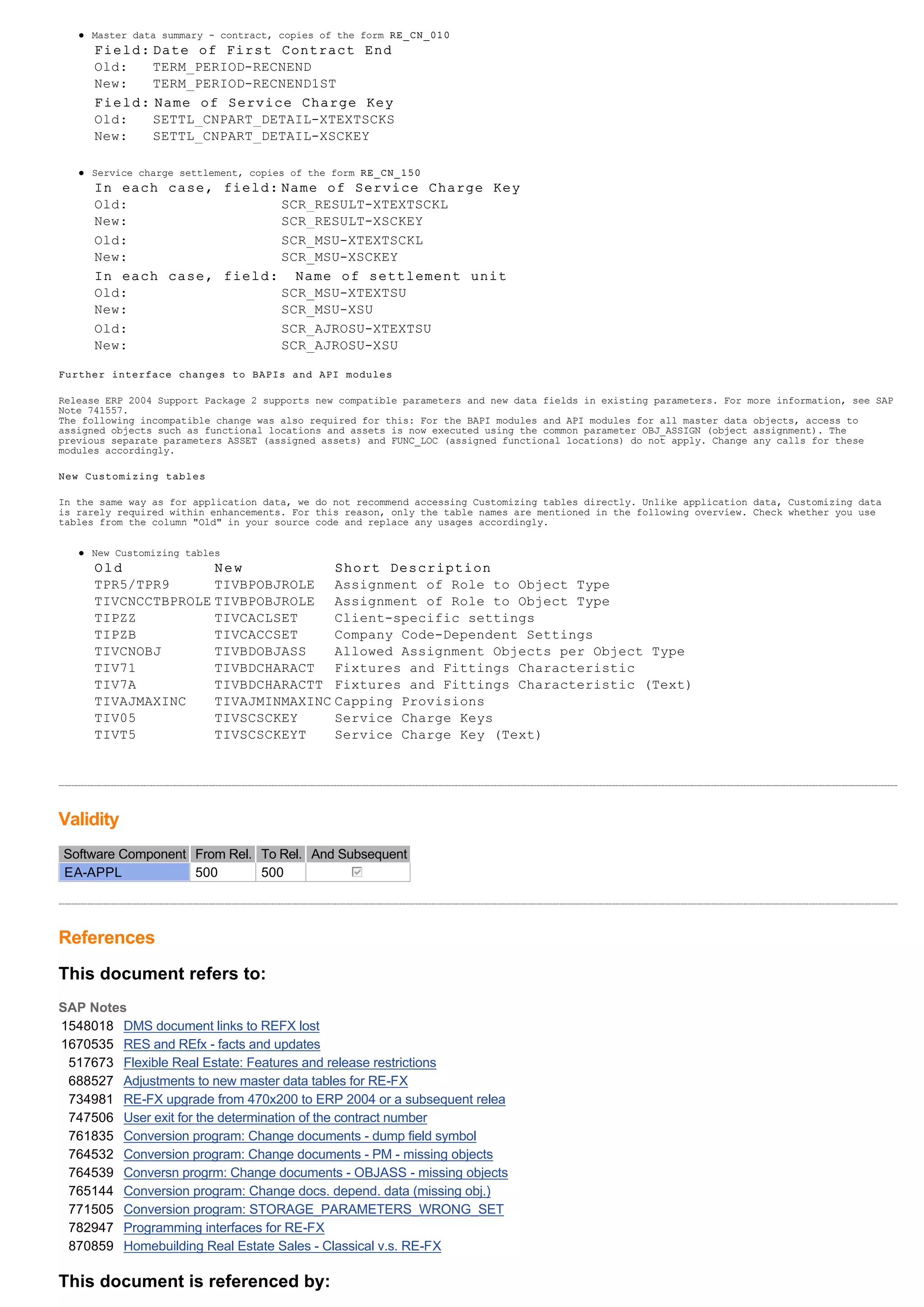 l Master data summary - contract, copies of the form RE_CN_010
l Service charge settlement, copies of the form RE_CN_150
Further interface changes to BAPIs and API modules
Release ERP 2004 Support Package 2 supports new compatible parameters and new data fields in existing parameters. For more information, see SAP
Note 741557.
The following incompatible change was also required for this: For the BAPI modules and API modules for all master data objects, access to
assigned objects such as functional locations and assets is now executed using the common parameter OBJ_ASSIGN (object assignment). The
previous separate parameters ASSET (assigned assets) and FUNC_LOC (assigned functional locations) do not apply. Change any calls for these
modules accordingly.
New Customizing tables
In the same way as for application data, we do not recommend accessing Customizing tables directly. Unlike application data, Customizing data
is rarely required within enhancements. For this reason, only the table names are mentioned in the following overview. Check whether you use
tables from the column "Old" in your source code and replace any usages accordingly.
l New Customizing tables
Validity
References
This document refers to:
SAP Notes
This document is referenced by:
Field: Date of First Contract End
Old: TERM_PERIOD-RECNEND
New: TERM_PERIOD-RECNEND1ST
Field: Name of Service Charge Key
Old: SETTL_CNPART_DETAIL-XTEXTSCKS
New: SETTL_CNPART_DETAIL-XSCKEY
In each case, field: Name of Service Charge Key
Old: SCR_RESULT-XTEXTSCKL
New: SCR_RESULT-XSCKEY
Old: SCR_MSU-XTEXTSCKL
New: SCR_MSU-XSCKEY
In each case, field: Name of settlement unit
Old: SCR_MSU-XTEXTSU
New: SCR_MSU-XSU
Old: SCR_AJROSU-XTEXTSU
New: SCR_AJROSU-XSU
Old New Short Description
TPR5/TPR9 TIVBPOBJROLE Assignment of Role to Object Type
TIVCNCCTBPROLE TIVBPOBJROLE Assignment of Role to Object Type
TIPZZ TIVCACLSET Client-specific settings
TIPZB TIVCACCSET Company Code-Dependent Settings
TIVCNOBJ TIVBDOBJASS Allowed Assignment Objects per Object Type
TIV71 TIVBDCHARACT Fixtures and Fittings Characteristic
TIV7A TIVBDCHARACTT Fixtures and Fittings Characteristic (Text)
TIVAJMAXINC TIVAJMINMAXINC Capping Provisions
TIV05 TIVSCSCKEY Service Charge Keys
TIVT5 TIVSCSCKEYT Service Charge Key (Text)
Software Component From Rel. To Rel. And Subsequent
EA-APPL 500 500  
1548018   DMS document links to REFX lost
1670535   RES and REfx - facts and updates
517673   Flexible Real Estate: Features and release restrictions
688527   Adjustments to new master data tables for RE-FX
734981   RE-FX upgrade from 470x200 to ERP 2004 or a subsequent relea
747506   User exit for the determination of the contract number
761835   Conversion program: Change documents - dump field symbol
764532   Conversion program: Change documents - PM - missing objects
764539   Conversn progrm: Change documents - OBJASS - missing objects
765144   Conversion program: Change docs. depend. data (missing obj.)
771505   Conversion program: STORAGE_PARAMETERS_WRONG_SET
782947   Programming interfaces for RE-FX
870859   Homebuilding Real Estate Sales - Classical v.s. RE-FX
 