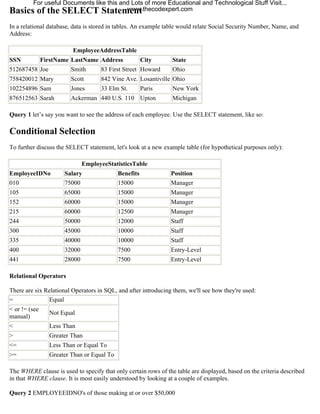For useful Documents like this and Lots of more Educational and Technological Stuff Visit...
Basics of the SELECT Statement         www.thecodexpert.com

In a relational database, data is stored in tables. An example table would relate Social Security Number, Name, and
Address:

                         EmployeeAddressTable
SSN       FirstName LastName Address         City                State
512687458 Joe       Smith    83 First Street Howard              Ohio
758420012 Mary          Scott       842 Vine Ave. Losantiville Ohio
102254896 Sam           Jones       33 Elm St.        Paris      New York
876512563 Sarah         Ackerman 440 U.S. 110 Upton              Michigan

Query 1 let’s say you want to see the address of each employee. Use the SELECT statement, like so:

Conditional Selection
To further discuss the SELECT statement, let's look at a new example table (for hypothetical purposes only):

                              EmployeeStatisticsTable
EmployeeIDNo          Salary               Benefits             Position
010                   75000                15000                Manager
105                   65000                15000                Manager
152                   60000                15000                Manager
215                   60000                12500                Manager
244                   50000                12000                Staff
300                   45000                10000                Staff
335                   40000                10000                Staff
400                   32000                7500                 Entry-Level
441                   28000                7500                 Entry-Level

Relational Operators

There are six Relational Operators in SQL, and after introducing them, we'll see how they're used:
=               Equal
< or != (see
               Not Equal
manual)
<              Less Than
>              Greater Than
<=             Less Than or Equal To
>=             Greater Than or Equal To

The WHERE clause is used to specify that only certain rows of the table are displayed, based on the criteria described
in that WHERE clause. It is most easily understood by looking at a couple of examples.

Query 2 EMPLOYEEIDNO's of those making at or over $50,000
 