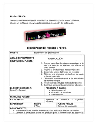 FRUTA FRESCA
Teniendo en cuenta el cago de supervisor de producción y el de asesor comercial,
elabore un perfil para ellos y haga la respectiva descripción de cada cargo.
DESCRIPCIÓN DE PUESTO Y PERFIL
PUESTO supervisor de producción
ÁREA O DEPARTAMENTO FABRICACIÓN
OBJETIVO DEL PUESTO:
1. Apoyar todas las decisiones gerenciales a la
vez que cumple las normas, sin afectar el
clima laboral.
2. Mejorar la productividad de los empleados
3. Desarrollar un uso óptimo de los recursos
4. Obtener una adecuada rentabilidad de cada
actividad realizada
5. Desarrollar constantemente a los empleados
de manera integral
6. Monitorear las actitudes de los subordinados
7. Contribuir a mejorar las condiciones laborales
EL PUESTO REPOTA A:
Dirección General.
PERSONAL A CARGO:
 Jefe de personal
 Operador de Maquinas
 Administrador
PERFIL DEL PUESTO
ESCOLARIDAD Ingeniero de alimentos, o Ingeniero
industrial
EXPERIENCIA TIEMPO
2 Años
PUESTO PREVIO
Gerente de producción
CONOCIMIENTOS
 Mantener un buen nivel de inventarios y una adecuada rotación del mismo.
 Verificar la producción diaria del producto para la confirmación de pedidos y
 