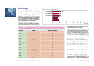 © Dynamic Markets Limited 2013Cloud for Business Managers: the Good, the Bad and the Ugly10
Methodology:
This report was commissioned by Oracle and details
quantitative research with senior decision makers in large
organisations in 17 countries around the world (the UK,
France, Germany, the Nordics, Spain, Italy, the UAE, South
Africa, Russia, Turkey, Hungary, the USA, Australia, China,
Singapore, India and Brazil). A total of 1,355 surveys was
collected from companies with revenues of £50 million or
more. All respondents confirmed prior to interview the
size of their organisation by turnover, as well as their job
role / department and level of seniority within it.
Quotas were placed on the sampling according to the
17 constituent countries covered by the survey, where
some of the larger economies have bigger samples (100
for most and 250 for the USA) and the smaller ones have
close to 50 completed interviews [Table 1].
Collectively, 76% of companies have either customers and
/ or offices located in a country other than its own. 58%
have customers located internationally and another 48%
have offices / sites in other countries. Only 22% say none
of these international elements apply to their company
and 2% are unsure / declined to comment. Among these
senior decision makers, 63% deal with suppliers as part of
their job on a regular basis and 72% deal with customers
in this way. Just 9% do not do either of these.
The sample is made up of companies of different sizes,
with 19% being very large corporations with turnovers
of over £1 billion [Chart 6]. However, the sample is fairly
evenly distributed across the various turnover bands.
The sample covers a wide variety of industry sectors and
all the main sectors are well represented. Manufacturing
companies are strongly represented among these large
organisations.
The sample includes respondents at a variety of levels
of seniority. Collectively, 48% are at director level or
above, including 18% who operate at C-level or VP level
or above this, and 30% who are at director level; while
52% are at senior manager level. The sample includes
a wide variety of line-of-business managers and all the
main departments are adequately represented across this
large sample [Chart 7]. IT professionals were deliberately
Chart 6: Company size by turnover
25
19
16
19
20
0 10 20 30 40 50 60 70 80 90 100
£50-£99 million
£100-£249 million
£250-£499 million
£500 million-£1 billion
Over £1 billion
% of sample
Table 1: Country sample sizes
Countries: Region: Number of interviews:
UK
EMEA
100
France 101
Germany 100
Nordics 100
Spain 50
Italy 51
UAE 51
South Africa 50
Russia 100
Turkey 50
Hungary 50
USA North America 251
Australia
APAC
50
China 101
Singapore 50
India 50
Brazil LATAM 50
 