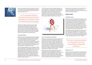 © Dynamic Markets Limited 2013Cloud for Business Managers: the Good, the Bad and the Ugly7
software and systems used by the company. Yet, almost 1
in 3 companies (29%) that has attempted integration says
this activity was not anticipated when they first started
using cloud apps [Chart 4].
Nevertheless, integration attempts have been more
common in the APAC region, compared to in EMEA
and North America, and they have also been very
commonplace in the UAE, China, Singapore, India and
Brazil. Companies with international offices are more
likely to have gone down this route, and where multiple
departments use cloud apps, more of these companies
have tried to integrate the cloud apps they use.
Failed attempts:
Among those who have attempted cloud app integration,
86% encountered negatives along the way. Alarmingly,
41% say their integration attempts were only partially
successful and 18% say some were completely
unsuccessful - indeed 55% of companies that tried did not
have complete success with their integration attempts.
Indeed, it is also interesting to note that just over 1 in 2 of
those who claim to have integration says attempts were
either partially or completely unsuccessful.
Across the world, significantly more respondents in APAC
say the attempts were only partially successful (56%), and
figures are very high for China (68%); this goes some way
to explaining the fact that this country claims to have
high integration levels, yet they still rely on Excel and
other means of sharing cloud data and have had lots of
integration-related problems. The EMEA region is less
fortunate and more companies there report that their
integration attempts were completely unsuccessful (23%),
especially in Spain and Russia.
27% of companies who have attempted integration say
the activity became a headache for the IT department,
and this applies to more companies in EMEA, especially
in the UK (33%), France (35%) and Germany (35%),
compared to in China (15%). However, only 14% of
respondents say the company was put off using cloud
apps due to the integration attempts, but India stands out
in this respect, where 31% report this has occurred.
Cost of integration attempts:
What has the cost of this band-aid cloud integration been
to organisations? While 43% say they do not know the
amount of money spent on this effort, among those who
were able to cite a figure, on average, companies have
invested £121,857 to date, but figures rise to £8.5 million
for one company. Proportionally more of the MDs, CEOs &
owners cited a figure, as did those in finance, supply chain
management and risk / compliance departments, whereas
those in sales, marketing & customer services / CRM roles
are generally more ignorant on this subject.
What is alarming is that the amounts of money spent
on this task vary across the sample, but the cost of
integration has been especially high in China where more
people claim to have integrated cloud apps. Indeed,
those who now claim to have at least some degree of
integration of their cloud apps had to spend considerably
more on integration than those whose integration
attempts were not successful; in other words, the more
you spend on integration, the more successful it is.
However, despite all the money spent in China, many are
left with only partial integration.
Skilled staff?
Usability issues:
When it comes to how user-friendly cloud apps are, the
research shows that a significant proportion leaves room
for improvement in this respect. In fact, 43% of those
using cloud apps have encountered usability issues,
including 23% who say staff in the department do not
find it easy to use the apps, and another 27% who say
staff do not have the right skills to get the best out of the
apps they are using. Such problems can only be made
worse by the integration issue and by changing software
so frequently due to cloud app abandonment.
Such usability issues are especially common in the APAC
region (56%), and in Singapore (61%) and India (63%).
Across the departments, those in risk / compliance roles
stand out with 61% complaining of usability issues, as do
41% of finance professionals, 41% of HR and 39% of those
in sales, marketing & customer services / CRM roles.
Reliance on IT:
Ironically, one of the key motivations for adopting cloud
applications was to avoid having to heavily involve and
be dependent on IT staff. However, 30% of cloud users
have found that, in practice, they have had to do just
that and this group says this issue has prevented them
1 in 3 companies that has
attempted integration did not
anticipate this need when they
first started using cloud apps
The more a company spends
on integration, the more
successful the integration
attempt is
 