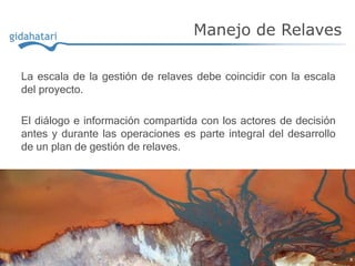 La escala de la gestión de relaves debe coincidir con la escala
del proyecto.
El diálogo e información compartida con los actores de decisión
antes y durante las operaciones es parte integral del desarrollo
de un plan de gestión de relaves.
Manejo de Relaves
 
