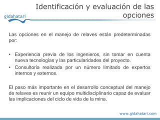 Las opciones en el manejo de relaves están predeterminadas
por:
• Experiencia previa de los ingenieros, sin tomar en cuenta
nueva tecnologías y las particularidades del proyecto.
• Consultoría realizada por un número limitado de expertos
internos y externos.
El paso más importante en el desarrollo conceptual del manejo
de relaves es reunir un equipo multidisciplinario capaz de evaluar
las implicaciones del ciclo de vida de la mina.
Identificación y evaluación de las
opciones
 