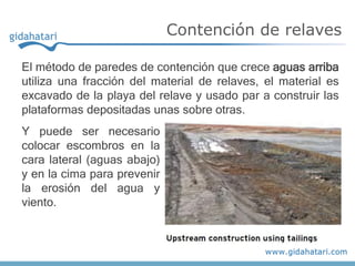 El método de paredes de contención que crece aguas arriba
utiliza una fracción del material de relaves, el material es
excavado de la playa del relave y usado par a construir las
plataformas depositadas unas sobre otras.
Contención de relaves
Y puede ser necesario
colocar escombros en la
cara lateral (aguas abajo)
y en la cima para prevenir
la erosión del agua y
viento.
 