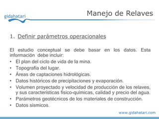 1. Definir parámetros operacionales
El estudio conceptual se debe basar en los datos. Esta
información debe incluir:
• El plan del ciclo de vida de la mina.
• Topografía del lugar.
• Áreas de captaciones hidrológicas.
• Datos históricos de precipitaciones y evaporación.
• Volumen proyectado y velocidad de producción de los relaves,
y sus características físico-químicas, calidad y precio del agua.
• Parámetros geotécnicos de los materiales de construcción.
• Datos sísmicos.
Manejo de Relaves
 