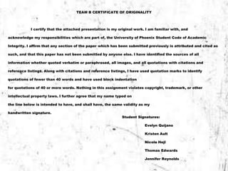 TEAM B CERTIFICATE OF ORIGINALITY 
I certify that the attached presentation is my original work. I am familiar with, and 
acknowledge my responsibilities which are part of, the University of Phoenix Student Code of Academic 
Integrity. I affirm that any section of the paper which has been submitted previously is attributed and cited as 
such, and that this paper has not been submitted by anyone else. I have identified the sources of all 
information whether quoted verbatim or paraphrased, all images, and all quotations with citations and 
reference listings. Along with citations and reference listings, I have used quotation marks to identify 
quotations of fewer than 40 words and have used block indentation 
for quotations of 40 or more words. Nothing in this assignment violates copyright, trademark, or other 
intellectual property laws. I further agree that my name typed on 
the line below is intended to have, and shall have, the same validity as my 
handwritten signature. 
Student Signatures: 
Evelyn Quijano 
Kristen Ault 
Nicole Hejl 
Thomas Edwards 
Jennifer Reynolds 
 