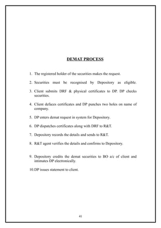 DEMAT PROCESS


1. The registered holder of the securities makes the request.

2. Securities must be recognised by Depository as eligible.

3. Client submits DRF & physical certificates to DP. DP checks
   securities.

4. Client defaces certificates and DP punches two holes on name of
   company.

5. DP enters demat request in system for Depository.

6. DP dispatches certificates along with DRF to R&T.

7. Depository records the details and sends to R&T.

8. R&T agent verifies the details and confirms to Depository.


9. Depository credits the demat securities to BO a/c of client and
   intimates DP electronically.

10.DP issues statement to client.




                                    41
 