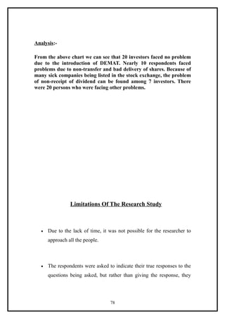 Analysis:-

From the above chart we can see that 20 investors faced no problem
due to the introduction of DEMAT. Nearly 10 respondents faced
problems due to non-transfer and bad delivery of shares. Because of
many sick companies being listed in the stock exchange, the problem
of non-receipt of dividend can be found among 7 investors. There
were 20 persons who were facing other problems.




                 Limitations Of The Research Study



   •   Due to the lack of time, it was not possible for the researcher to
       approach all the people.



   •   The respondents were asked to indicate their true responses to the
       questions being asked, but rather than giving the response, they




                                   78
 