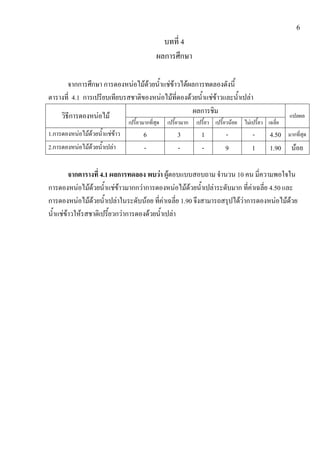 6
                                                บทที่ 4
                                              ผลการศึกษา

       จากการศึกษา การดองหน่อไม้ด้วยน้าแช่ข้าวได้ผลการทดลองดังนี้
ตารางที่ 4.1 การเปรียบเทียบรสชาติของหน่อไม้ที่ดองด้วยน้าแช่ข้าวและน้าเปล่า
                                                   ผลการชิม
    วิธีการดองหน่อไม้                                                                                   แปลผล
                                เปรี้ยวมากที่สุด   เปรี้ยวมาก   เปรี้ยว เปรี้ยวน้อย ไม่เปรี้ยว เฉลี่ย
1.การดองหน่อไม้ด้วยน้าแช่ข้าว          6               3          1          -          -       4.50    มากที่สุด
2.การดองหน่อไม้ด้วยน้าเปล่า            -               -          -          9          1       1.90     น้อย

        จากตารางที่ 4.1 ผลการทดลอง พบว่า ผู้ตอบแบบสอบถาม จานวน 10 คน มี่ความพอใจใน
การดองหน่อไม้ด้วยน้าแช่ข้าวมากกว่าการดองหน่อไม้ด้วยน้าเปล่าระดับมาก ที่ค่าเฉลี่ย 4.50 และ
การดองหน่อไม้ด้วยน้าเปล่าในระดับน้อย ที่ค่าเฉลี่ย 1.90 จึงสามารถสรุปได้ว่าการดองหน่อไม้ด้วย
น้าแช่ข้าวให้รสชาติเปรี้ยวกว่าการดองด้วยน้าเปล่า
 