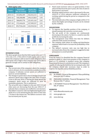 International Journal of Trend in Scientific Research and Development (IJTSRD) @ www.ijtsrd.com eISSN: 2456-6470
@ IJTSRD | Unique Paper ID – IJTSRD33564 | Volume – 4 | Issue – 6 | September-October 2020 Page 1048
B. Debt equity ratio:
Years
Total debt
(Rs. in crores)
Equity (Rs.
in crores)
Debt
equity
ratio
2014-15 411,856,449 362,416,111 1.14
2015-16 568,208,088 294,115,863 1.93
2016-17 580,893,778 221,451,162 2.62
2017-18 572,444,654 227,909,537 2.51
2018-19 395,7536,183 232,934,542 1.70
INTERPRETATION
The above graph shows that the Debt equity ratios are 1.14,
1.93, 2.62, 2.51, 1.70.In 2014-15 debt equity ratio is less it
shows the company is able to meet its debt obligations.Here
debt equity ratio is high so that company may not be able to
generate enough cash to satisfy its debt obligations.
FINDINGS
The current ratio of the company is above the standard
ratio in all years. So it is considered as satisfactoryofthe
company. It indicates current assets are sufficient to
meet its current liabilities.
The changes in quick ratio is due to changesinloansand
advances .Quick ratio is high in the ratio 2015-16 and it
is low in the year 2016-17.During the study period the
company’s quick assets are sufficient to meet its
immediate payments. This is satisfactory.
The net profit ratio is highest in the year 2015-16 and
other years are decreasing from the year 2016-17. It
indicates that a company uses ineffective cost structure.
The debtor’s turnover ratio washighestduringtheyears
2018-19 is 11.45 and during the year 2014-15 the ratio
7.76 that is the lowest one. The debtors turnover ratio
has increased year by year.
Fixed assets turnover ratio is in good position. It has
observed that from the past 3 years, the ratio of sales to
fixed assets is increases.
Working capital turnover ratio is decreased in the year
2018-19 is 5.39.it indicates inefficient utilization of
working capital during the period as compared to the
past 2 years.
The total debt ratio of the company is high in2016-17.It
shows that higher percentage of assets can be claimed
by the creditors.
SUGGESTIONS
To improve the liquidity position of the company, it
should maintain the excessive current assets.
The net profit of the company are continuously
decreasing in the nature. So there is a need to raise the
profits by increasing the sales.
The management must follow less time for debtors
collection with normal investment.
The company shall reduce its selling and distribution
expenses which lead to increase the profitability of the
company.
The debtor’s turnover ratio was too high due to
increased sales, Hence the company is suggestedtotake
precautions to avoid bad debts.
CONCLUSION
From the study it is identified that the company financial
position is good i.e., short term position of the company is
good as it is achieved it standard norms that company
financial performance is satisfactory aswell.Thecompanyis
capable of reducing the liabilities by increasingitssales.And
the company should take necessary steps in order to
improve the liquidity and profitability position.
REFERENCES
[1] M. PANDEY: Financial Management: Vikas publishing
house pvt ltd, 9th edition
[2] PRASANNA CHANDRA: Financial Management: Tata
McGraw-Hill, 7th edition
[3] I. M PANDEY Financial Management: Tata McGraw-
Hill, 4th edition
WEBSITES
[1] www.Bharathicements.com
[2] www.google.com
[3] www.ibef.org
 