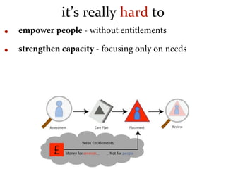 it’s really hard to
• empower people - without entitlements
• strengthen capacity - focusing only on needs
 