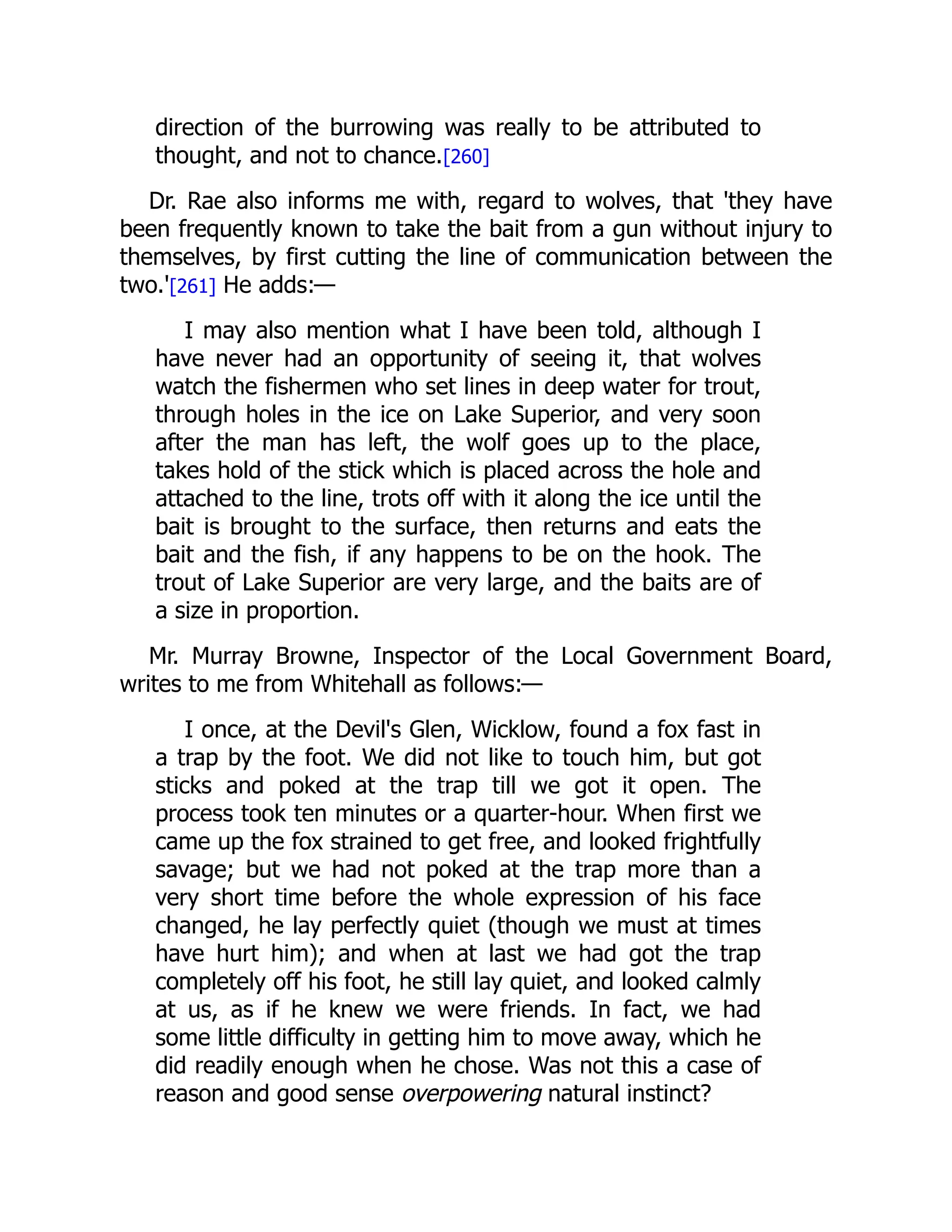 direction of the burrowing was really to be attributed to
thought, and not to chance.[260]
Dr. Rae also informs me with, regard to wolves, that 'they have
been frequently known to take the bait from a gun without injury to
themselves, by first cutting the line of communication between the
two.'[261] He adds:—
I may also mention what I have been told, although I
have never had an opportunity of seeing it, that wolves
watch the fishermen who set lines in deep water for trout,
through holes in the ice on Lake Superior, and very soon
after the man has left, the wolf goes up to the place,
takes hold of the stick which is placed across the hole and
attached to the line, trots off with it along the ice until the
bait is brought to the surface, then returns and eats the
bait and the fish, if any happens to be on the hook. The
trout of Lake Superior are very large, and the baits are of
a size in proportion.
Mr. Murray Browne, Inspector of the Local Government Board,
writes to me from Whitehall as follows:—
I once, at the Devil's Glen, Wicklow, found a fox fast in
a trap by the foot. We did not like to touch him, but got
sticks and poked at the trap till we got it open. The
process took ten minutes or a quarter-hour. When first we
came up the fox strained to get free, and looked frightfully
savage; but we had not poked at the trap more than a
very short time before the whole expression of his face
changed, he lay perfectly quiet (though we must at times
have hurt him); and when at last we had got the trap
completely off his foot, he still lay quiet, and looked calmly
at us, as if he knew we were friends. In fact, we had
some little difficulty in getting him to move away, which he
did readily enough when he chose. Was not this a case of
reason and good sense overpowering natural instinct?
 