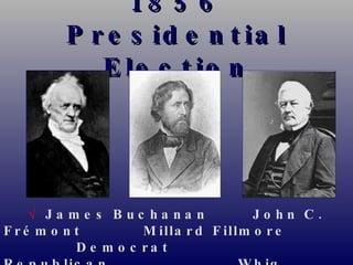 1856 Presidential Election √   James Buchanan  John C. Frémont  Millard Fillmore   Democrat  Republican  Whig 