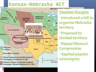 Kansas-Nebraska ACT
Stephen Douglas
Introduced a bill to
organize Nebraska
territory
Proposed to
divided territory
Repeal Missouri
Compromise
Applied popular
sovereignty
 