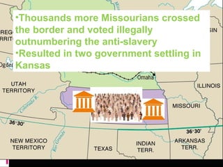 •Thousands more Missourians crossed
the border and voted illegally
outnumbering the anti-slavery
•Resulted in two government settling in
Kansas
 