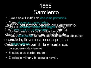 1868
                     Sarmiento
 • Fundo casi 1 millón de escuelas primarias.
 • Formo docentes capacitadas.
LaCreo la escuela normal en Paraná (1870).
 • principal preocupación de Sarmiento
fue ``educar al soberano ´´ junto a
 • Contrato maestras de Estados Unidos.
Nicolás bibliotecas, la comisión protectora de bibliotecas
 • Fundo Avellaneda, su ministro de
economía, llevo a cabo una política
   populares.
 • El observatorio.
destinada a expandir la enseñanza:
 • La academia de ciencias.
 • El colegio de sordos mudos.
• El colegio militar y la escuela naval .
 