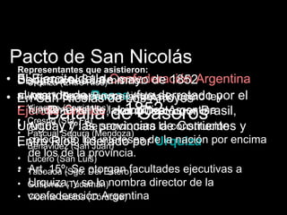 Pacto de San Nicolás
    Representantes que asistieron:
•   ElUrquiza (Entre31la mismo: de 1852Argentina
    SeEjercito de de mayo
    DisposicionesRíos) Confederación
    •    firmo el del
•   al Lopez y Planes (Buenos Aires) Arroyos ley el
    Enmando de Rosas, fue derrotado por
    • San Nicolas de Los
    • Art.1º: Se reconoce al tratado como
                  1852
         Batalla de Caseros
    • Virasoro
    Ejercito (Corrientes)la republica Argentina
       fundamental de compuesto por Brasil,
               Grande,
    • Crespo (Sta. Fe)
    Uruguay 7º:las provincias la constitución y
    • Art.6º y y Se sancionara de Corrientes
    • Pascual Segura (Mendoza)
    Entre Rios, los intereses de la nación por encima
       colocando liderado por Urquiza
    • Benavidez (San Juan)
       de los de la provincia.
    • Lucero (San Luis)
    • Taboada (Sgo. Del Estero)
    • Art. 15º: Se otorgan facultades ejecutivas a
    • Gutierrez (Tucumán)nombra director de la
       Urquiza, y se lo
       confederación Argentina
    • Vicente bustos (Córdoba)
 