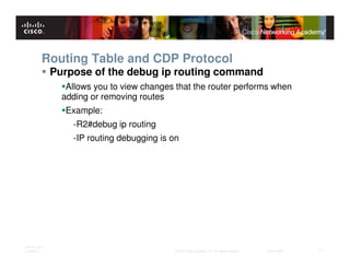 Routing Table and CDP Protocol
              Purpose of the debug ip routing command
                 Allows you to view changes that the router performs when
                adding or removing routes
                Example:
                  -R2#debug ip routing
                  -IP routing debugging is on




ITE PC v4.0
Chapter 1                                   © 2007 Cisco Systems, Inc. All rights reserved.   Cisco Public   11
 