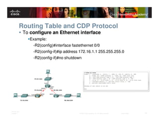 Routing Table and CDP Protocol
              To configure an Ethernet interface
                 Example:
                  -R2(config)#interface fastethernet 0/0
                  -R2(config-if)#ip address 172.16.1.1 255.255.255.0
                  -R2(config-if)#no shutdown




ITE PC v4.0
Chapter 1                                   © 2007 Cisco Systems, Inc. All rights reserved.   Cisco Public   12
 