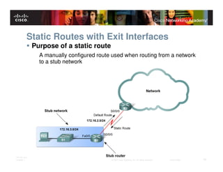 Static Routes with Exit Interfaces
              Purpose of a static route
                A manually configured route used when routing from a network
                to a stub network




ITE PC v4.0
Chapter 1                                  © 2007 Cisco Systems, Inc. All rights reserved.   Cisco Public   19
 