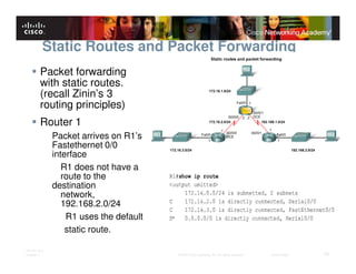 Static Routes and Packet Forwarding
         Packet forwarding
         with static routes.
         (recall Zinin’s 3
         routing principles)
         Router 1
              Packet arrives on R1’s
              Fastethernet 0/0
              interface
                 R1 does not have a
                 route to the
              destination
                 network,
                 192.168.2.0/24
                  R1 uses the default
                  static route.

ITE PC v4.0
Chapter 1                               © 2007 Cisco Systems, Inc. All rights reserved.   Cisco Public   34
 