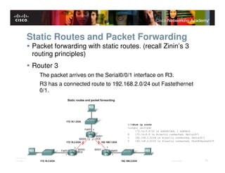 Static Routes and Packet Forwarding
              Packet forwarding with static routes. (recall Zinin’s 3
              routing principles)
              Router 3
                The packet arrives on the Serial0/0/1 interface on R3.
                R3 has a connected route to 192.168.2.0/24 out Fastethernet
                0/1.




ITE PC v4.0
Chapter 1                                    © 2007 Cisco Systems, Inc. All rights reserved.   Cisco Public   36
 