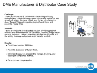 DME Manufacturer & Distributor Case Study
Challenge:
• “DME Manufacturer & Distributor” was having difficulty
managing FDA compliance regulations concerning validation and
storage of origin, shipment detail, and delivery confirmation
data. Recent FDA audit resulting in significant fines, and
potential future fines.
Solution:
• Build a compliant and validated solution providing proof of
delivery and reimbursement for tax credit, delivery image track/
trace of shipments, record retention per legal timeframes, and
the ability to query and provide audit data as needed.
Results:
• Could have avoided $50K fine
• Potential avoidance of future fines.
• Eliminated resources allocated to storage, tracking, and
tracing of compliance metrics.
• Focus on core competencies.
 