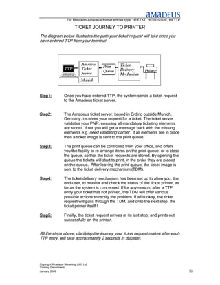 For Help with Amadeus format entries type: HEETKT, HEREISSUE, HETTP

                          TICKET JOURNEY TO PRINTER
The diagram below illustrates the path your ticket request will take once you
have entered TTP from your terminal




Step1:            Once you have entered TTP, the system sends a ticket request
                  to the Amadeus ticket server.


Step2:            The Amadeus ticket server, based in Erding outside Munich,
                  Germany, receives your request for a ticket. The ticket server
                  validates your PNR, ensuring all mandatory ticketing elements
                  are stored. If not you will get a message back with the missing
                  elements e.g. need validating carrier . If all elements are in place
                  then a ticket image is sent to the print queue.

Step3:            The print queue can be controlled from your office, and offers
                  you the facility to re-arrange items on the print queue, or to close
                  the queue, so that the ticket requests are stored. By opening the
                  queue the tickets will start to print, in the order they are placed
                  on the queue. After leaving the print queue, the ticket image is
                  sent to the ticket delivery mechanism (TDM).

Step4:            The ticket delivery mechanism has been set up to allow you, the
                  end-user, to monitor and check the status of the ticket printer, as
                  far as the system is concerned. If for any reason, after a TTP
                  entry your ticket has not printed, the TDM will offer various
                  possible actions to rectify the problem. If all is okay, the ticket
                  request will pass through the TDM, and onto the next step, the
                  ticket printer itself !

Step5:            Finally, the ticket request arrives at its last stop, and prints out
                  successfully on the printer.


All the steps above, clarifying the journey your ticket request makes after each
TTP entry, will take approximately 2 seconds in duration.




Copyright Amadeus Marketing (UK) Ltd
Training Department
January 2006                                                                              53
 