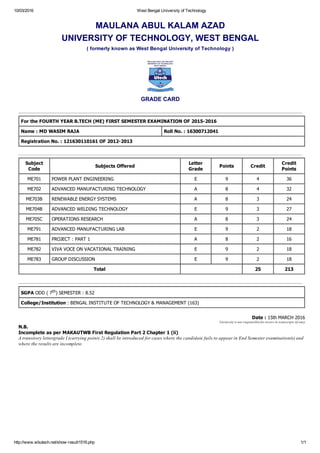 10/03/2016 West Bengal University of Technology
http://www.wbutech.net/show­result1516.php 1/1
MAULANA ABUL KALAM AZAD
UNIVERSITY OF TECHNOLOGY, WEST BENGAL
( formerly known as West Bengal University of Technology )
GRADE CARD
For the FOURTH YEAR B.TECH (ME) FIRST SEMESTER EXAMINATION OF 2015­2016
Name : MD WASIM RAJA Roll No. : 16300712041
Registration No. : 121630110161 OF 2012­2013
Subject
Code
Subjects Offered
Letter
Grade
Points Credit
Credit
Points
ME701 POWER PLANT ENGINEERING E 9 4 36
ME702 ADVANCED MANUFACTURING TECHNOLOGY A 8 4 32
ME703B RENEWABLE ENERGY SYSTEMS A 8 3 24
ME704B ADVANCED WELDING TECHNOLOGY E 9 3 27
ME705C OPERATIONS RESEARCH A 8 3 24
ME791 ADVANCED MANUFACTURING LAB E 9 2 18
ME781 PROJECT : PART 1 A 8 2 16
ME782 VIVA VOCE ON VACATIONAL TRAINING E 9 2 18
ME783 GROUP DISCUSSION E 9 2 18
Total 25 213
SGPA ODD ( 7th) SEMESTER : 8.52
College/Institution : BENGAL INSTITUTE OF TECHNOLOGY & MANAGEMENT (163)
Date : 15th MARCH 2016
University is not responsible for errors in transcripts (if any)
N.B.
Incomplete as per MAKAUTWB First Regulation Part 2 Chapter 1 (ii)
A transitory lettergrade I (carrying points 2) shall be introduced for cases where the candidate fails to appear in End Semester examination(s) and
where the results are incomplete.
 