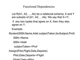 Functional Dependencies
Let R(A1, A2, ….Ak) be a relational schema; X and Y
are subsets of {A1, A2, …Ak}. We say that X->Y,
if any two tuples that agree on X, then they also
agree on Y.
Example:
Student(SSN,Name,Addr,subjectTaken,favSubject,Prof)
SSN->Name
SSN->Addr
subjectTaken->Prof
Assign(Pilot,Flight,Date,Departs)
Pilot,Date,Departs->Flight
 