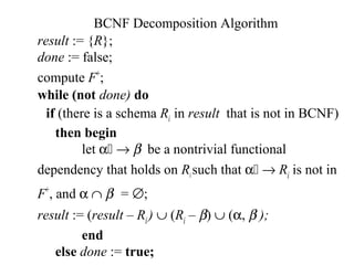 BCNF Decomposition Algorithm
result := {R};
done := false;
compute F+
;
while (not done) do
if (there is a schema Ri in result that is not in BCNF)
then begin
let α → β be a nontrivial functional
dependency that holds on Risuch that α → Ri is not in
F+
, and α ∩ β = ∅;
result := (result – Ri) ∪ (Ri – β) ∪ (α, β );
end
else done := true;
 