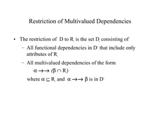 Restriction of Multivalued Dependencies
• The restriction of D to Ri is the set Di consisting of
– All functional dependencies in D+
that include only
attributes of Ri
– All multivalued dependencies of the form
α →→ (β ∩ Ri)
where α ⊆ Ri and α →→ β is in D+
 