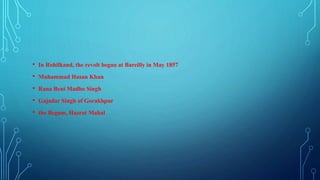 • In Rohilkand, the revolt began at Bareilly in May 1857
• Muhammad Hasan Khan
• Rana Beni Madho Singh
• Gajadar Singh of Gorakhpur
• the Begum, Hazrat Mahal
 